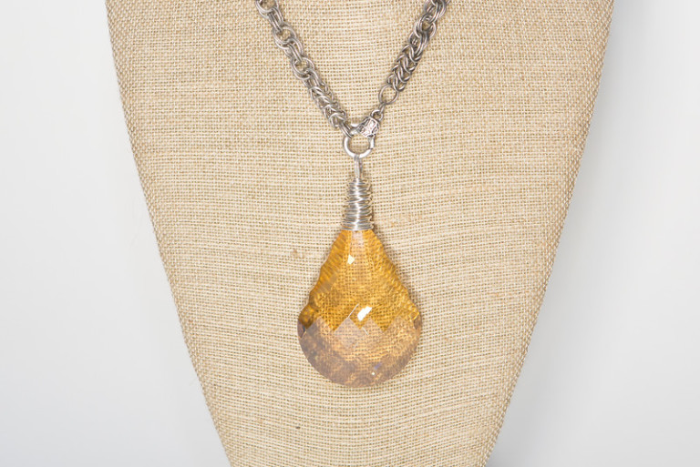 Gold Champagne Faceted Crystal on Silver Chain
